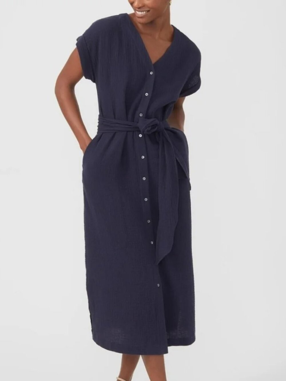 J.McLaughlin Mandy 100% Cotton Gauze Button Maxi Tie Dress Navy Size Small